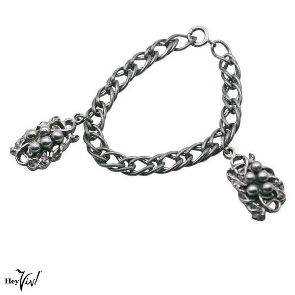 Vintage Double Link Chain Bracelet w 2 Grape Cluster Charms 6.5" Long - Hey Viv - Picture 1 of 5